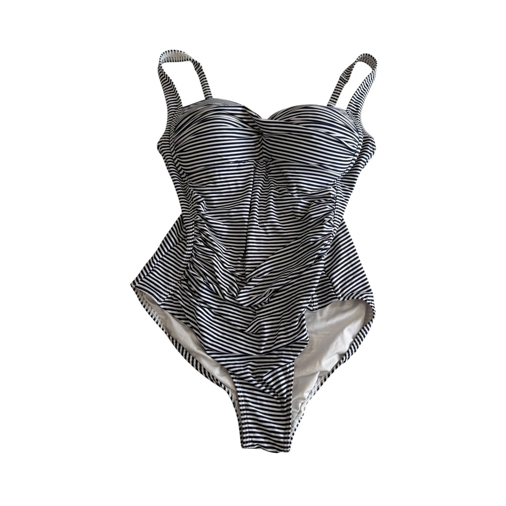 Niptuck Swim One Piece Women Size 12 Navy Blue Striped Tummy Control